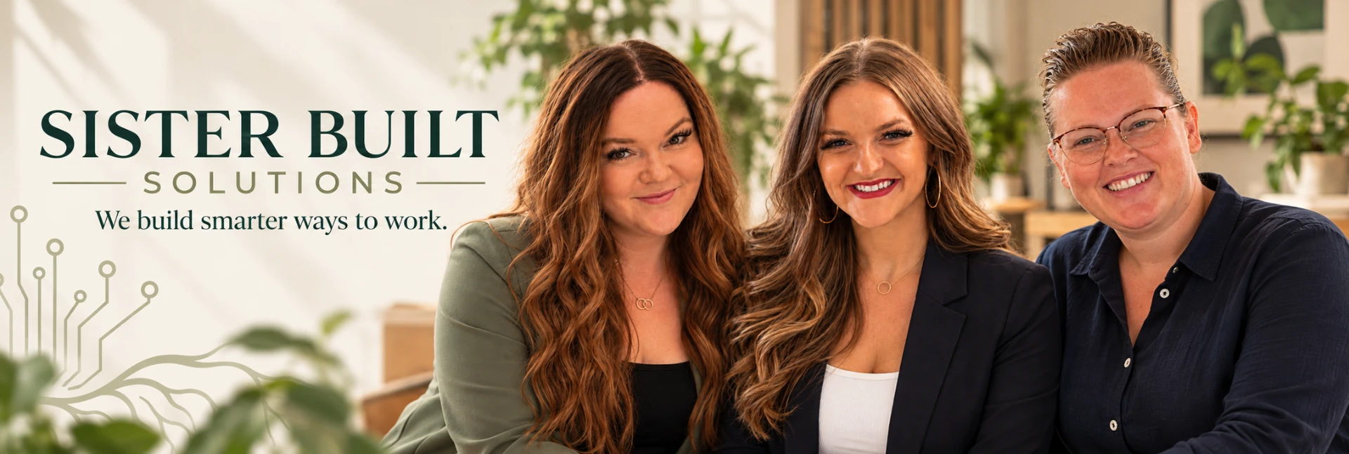 The three sisters of Sister Built Solutions together in a bright office, beside the Sister Built Solutions wordmark and the tagline We build smarter ways to work