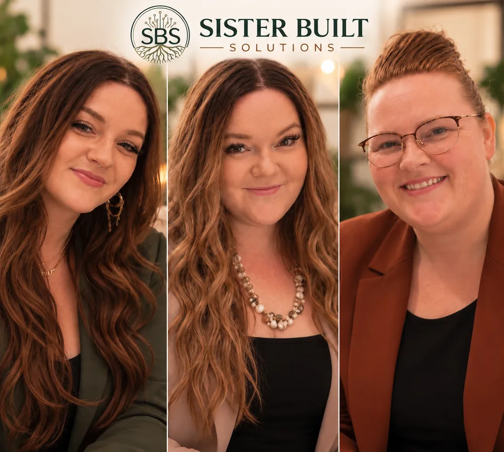 The three sisters of Sister Built Solutions in professional portraits beneath the Sister Built Solutions logo